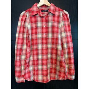 Lauren Ralph Lauren Women's Red Beige Plaid Button Up Blouse 2P Puff Sleeve